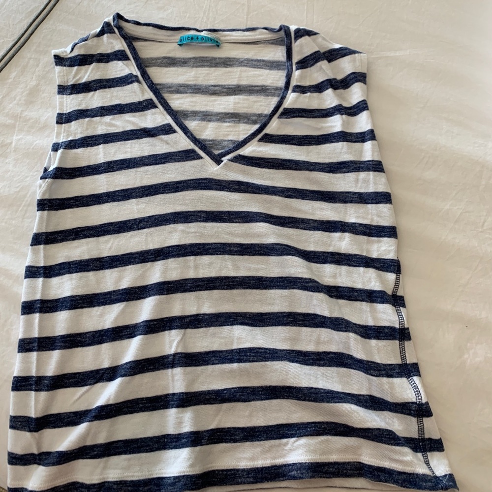 NWOT! Alice+Olivia v neck tee blue/white stripe XS